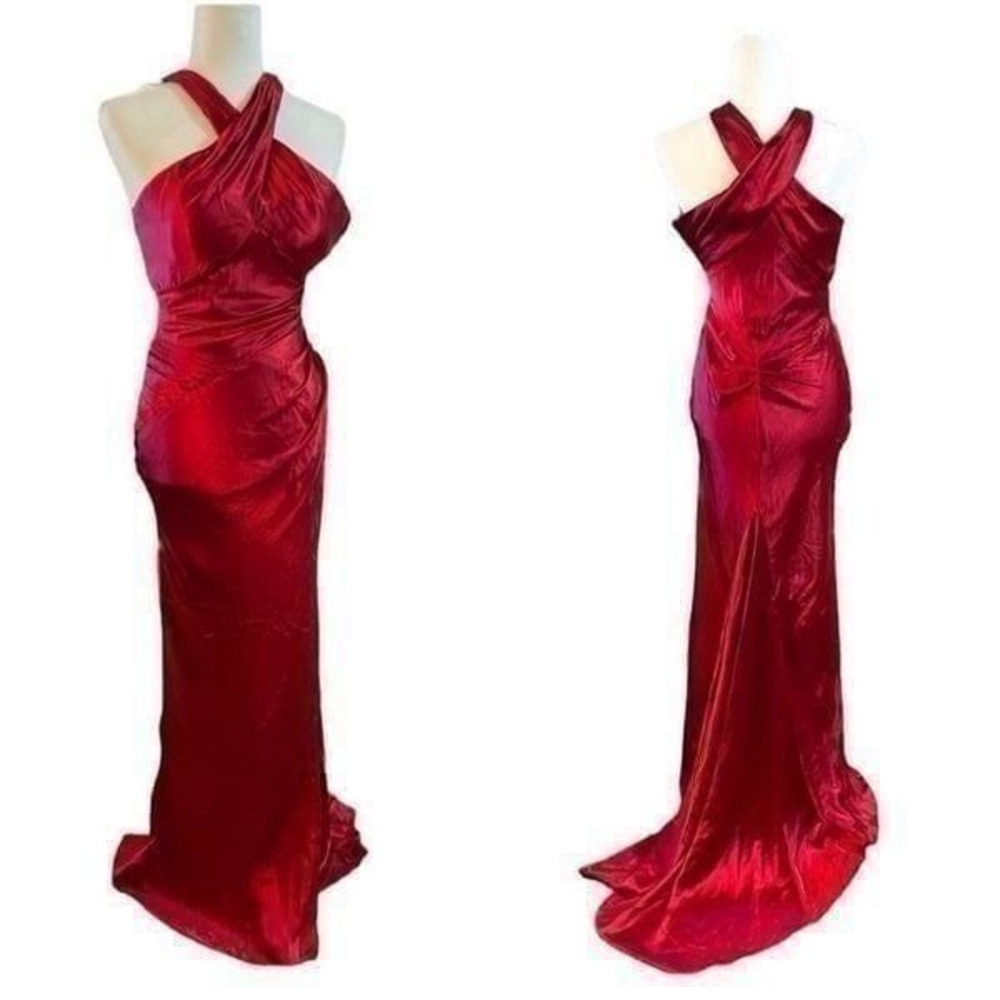 Le Gala‎ Tony Bowls Stunning Red Satin Halter Maxi Gown Size 2